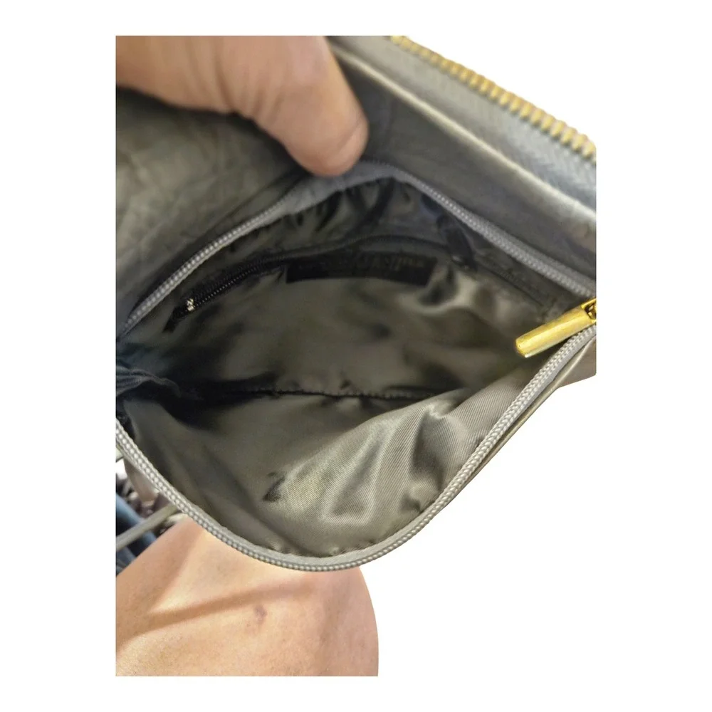 Genuine‎ Gray Leather Asymmetrical Foldover Crossbody Bag Gold Hardware